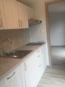 a kitchen with white cabinets and a sink at Mobile House in Liptovský Trnovec