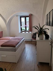 um quarto com uma cama e uma janela em Zur alten Post Zittau em Zittau