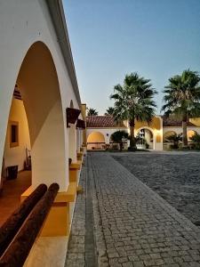 un patio de un edificio con palmeras en el fondo en Herdade da Diabroria - Agroturismo, en Beringel