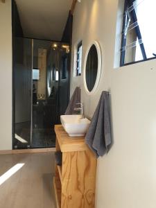 ein Bad mit einem Waschbecken und einer Glasdusche in der Unterkunft Caracal Cottage in Plettenberg Bay