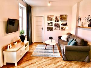 Televízia a/alebo spoločenská miestnosť v ubytovaní Apartament „Arctic Blue”
