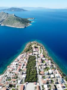 an aerial view of an island in the water at Perdika Mare Guesthouse in Perdika