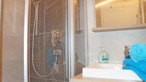 Un baño con ducha, lavabo y espejo. en Apartment Fleißner, en Dienten am Hochkönig