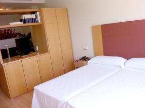 um quarto com 2 camas e um armário com uma televisão em Hotel-Apartamentos Tartesos em Las Rozas de Madrid