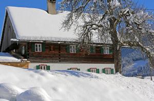 una casa cubierta de nieve con un árbol delante de ella en Schwadenguetl, en Gosau