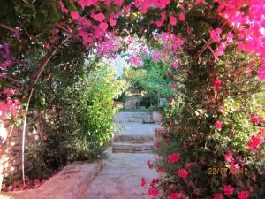 un jardín con flores rosas y un camino de piedra en Aloe & Lotus Villas, en Prinés