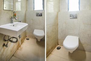 two pictures of a bathroom with a sink and a toilet at Kiaan Inn in Kolkata +33 photos