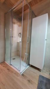 una puerta de ducha de cristal en una habitación con suelo de madera en Casas del Castillo, 4, en Ávila