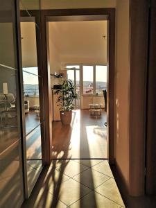 una puerta abierta a una sala de estar con una planta en New apartment with garage parking, en Brno