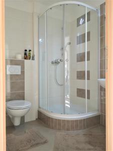 a bathroom with a shower and a toilet at New apartment with garage parking in Brno
