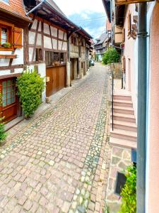 eine Kopfsteinpflasterstraße in einer Stadt mit Gebäuden in der Unterkunft Guesthouse Les 3 Chateaux in Eguisheim