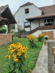 un jardín con flores amarillas frente a una casa en HIŠA ANTONIJA-APARTMA IRINKA en Fokovci