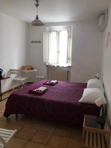 a bedroom with a bed with a purple blanket and a window at A Casa di Lucia in Pisa