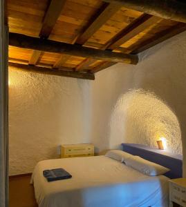 1 dormitorio con cama y techo de madera en CASA CUEVA PIENA, Alcudia de Guadix en Alcudia de Guadix