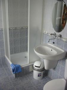 ein Bad mit einem Waschbecken, einer Dusche und einem WC in der Unterkunft Vila Altwaldorf B&B Vysoke Tatry in Stará Lesná