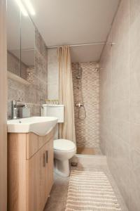 La salle de bains est pourvue de toilettes, d'un lavabo et d'une douche. dans l'établissement Bay View, à Thasos