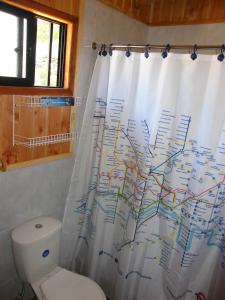 y baño con aseo y cortina de ducha. en Cabañas Las Bandurrias del Caburgua, en Pucón
