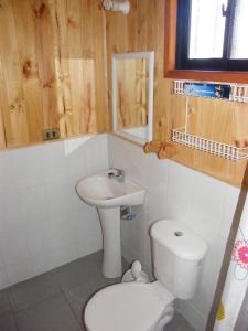 a small bathroom with a toilet and a sink at Cabañas Las Bandurrias del Caburgua in Pucón