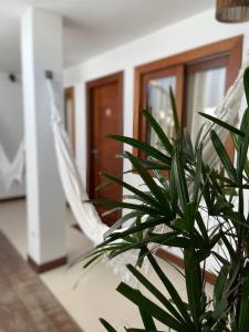 a potted plant in front of a room with a hammock at Pousada João Sol in Praia do Forte
