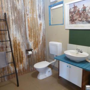 Giralia Homestay في Giralia Station: حمام به مرحاض أبيض ومغسلة