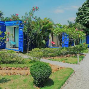 szereg niebieskich domów z drzewami i roślinami w obiekcie Quai 40 w mieście Abidżan