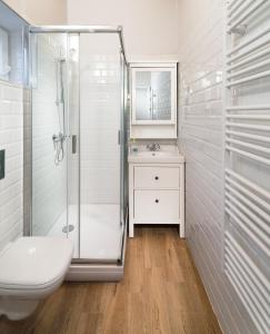 a bathroom with a shower and a toilet and a sink at Provence Apartmanok in Visegrád