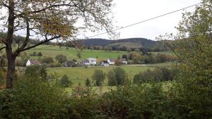 vistas a un campo verde con casas y árboles en Ferienwohnung Bäumener en Hilchenbach