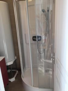 a shower with a glass door in a bathroom at Salicorne in Le Tréport