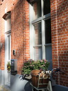 a basket on a bike next to a window at TWO ROOMS IN BRUGES in Bruges