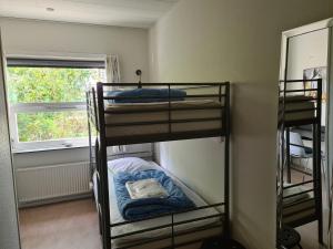 a room with three bunk beds and a window at Aarhus Hostel in Aarhus