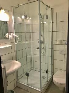 a glass shower in a bathroom with a sink and a toilet at Hotel Terminus in Mainz