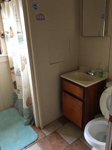 a bathroom with a sink and a toilet at The Pirates' Retreat cottage in Kitty Hawk +18 photos