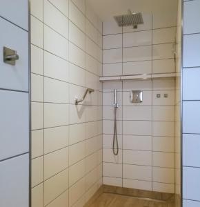 a bathroom with a shower with white tiles at Ferienwohnung Marie in Michelau +21 photos