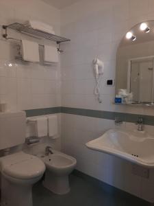 a bathroom with a toilet and a sink and a mirror at Hotel Tirreno in Genova