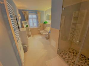uma casa de banho com um chuveiro e um WC. em Ferienwohnung Giacomelli 4 em Rottach-Egern