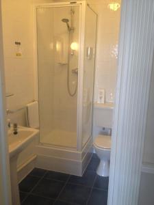 a bathroom with a shower and a toilet at Arcadia Guest House in Weymouth