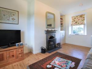 a living room with a television and a fireplace at Ty Capel Bryntwrog in Holyhead