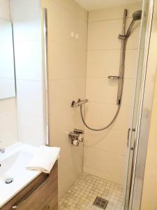 ein Bad mit einer Dusche und einem Waschbecken in der Unterkunft Haus am See Luxury HS 948 in Hahnenklee-Bockswiese