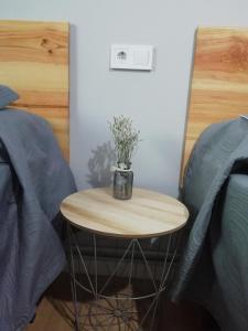 una mesa con una planta junto a dos camas en Ecorooms PADRÓN, en Padrón
