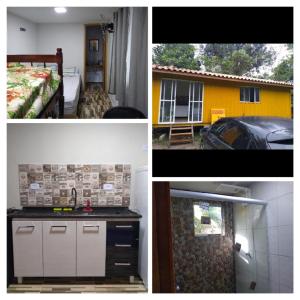 eine Collage mit vier Bildern einer Küche und einem Zimmer in der Unterkunft Kitnet contêiner climatizada in Ubatuba