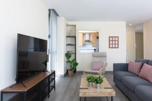 a living room with a large flat screen tv at Apartamento Las Margas Golf Pirineo Aragones in Sabiñánigo