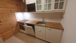 a small kitchen with white cabinets and a sink at Apartmány Orlice in Červená Voda
