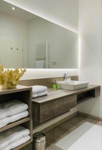 a bathroom with a sink and a large mirror at HerzogHome in Nürnberg