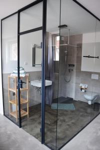 a bathroom with a glass shower and a sink at Herberge Bärenschenke in Meßkirch