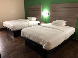 two beds in a room with green walls at Travelers Inn and Suites Wharton in Wharton