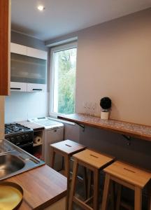 kuchnia z blatem, dwoma stołami i oknem w obiekcie Rubin Apartment w Kielcach