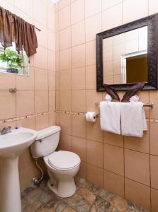 a bathroom with a toilet and a sink and a mirror at Hotel Tim Bamboo in Port Antonio