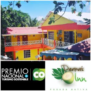 una imagen de una casa y las palabras corona turmérica sostenible en POSADA NATIVA DERMA´S INN, en San Andrés