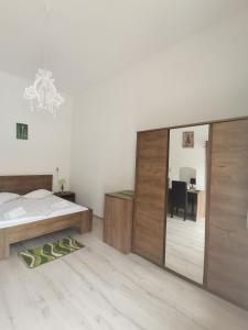 um quarto com uma cama e um espelho grande em Pensiunea Boema em Cluj-Napoca