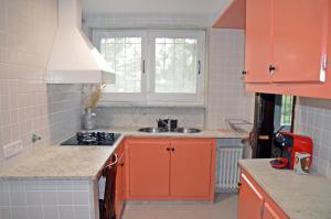 cocina con armarios de color naranja y fregadero en Refugi del Esquirol, en Sobremunt